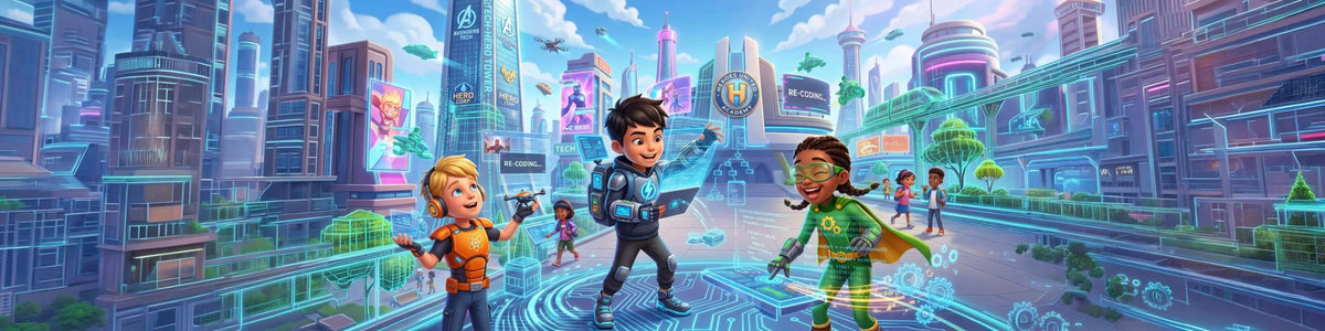 Superheroes coding camp theme illustration